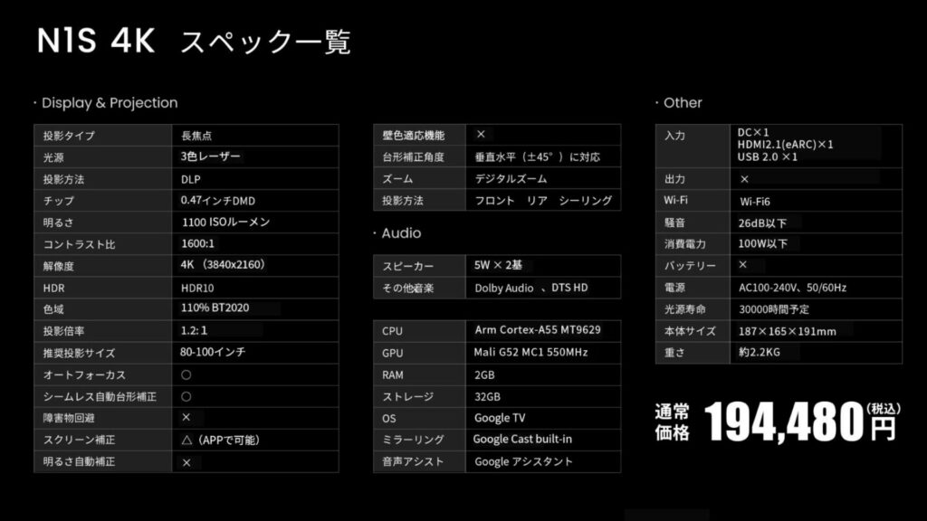 N1S 4Kのスペック