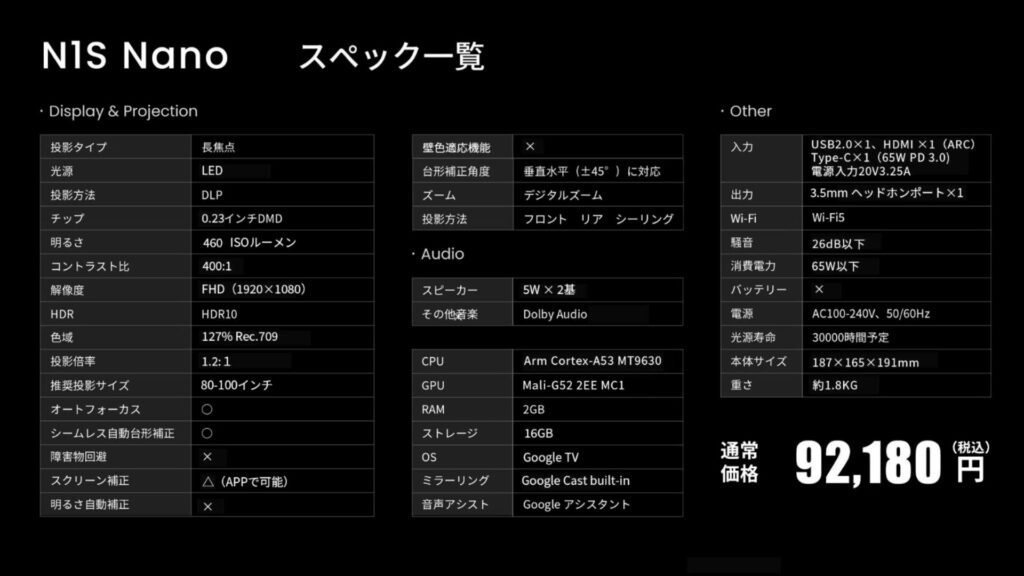 N1S Nanoのスペック